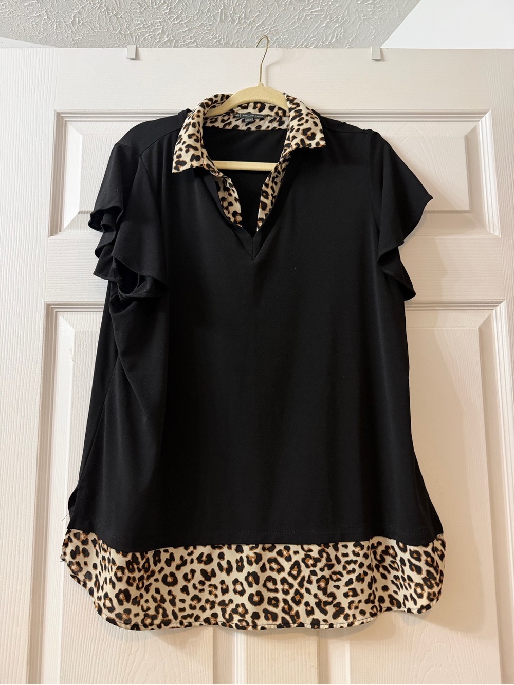 Adrianna Papell Black Top with Leopard Trim